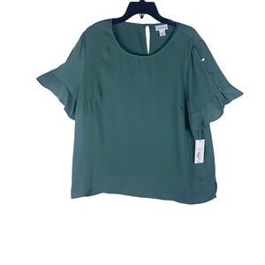 Liz Claiborne Womens XL Dark Forest Green Flutter Sleeve Blouse Button NWT